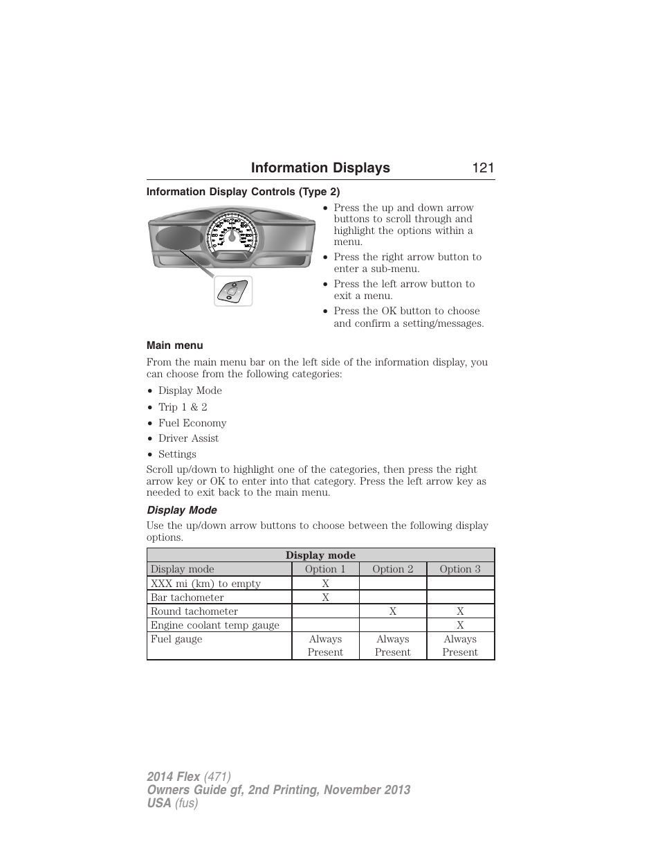 Information display controls (type 2), Main menu, Display mode | Information displays 121 | FORD 2014 Flex v.2 User Manual | Page 122 / 555