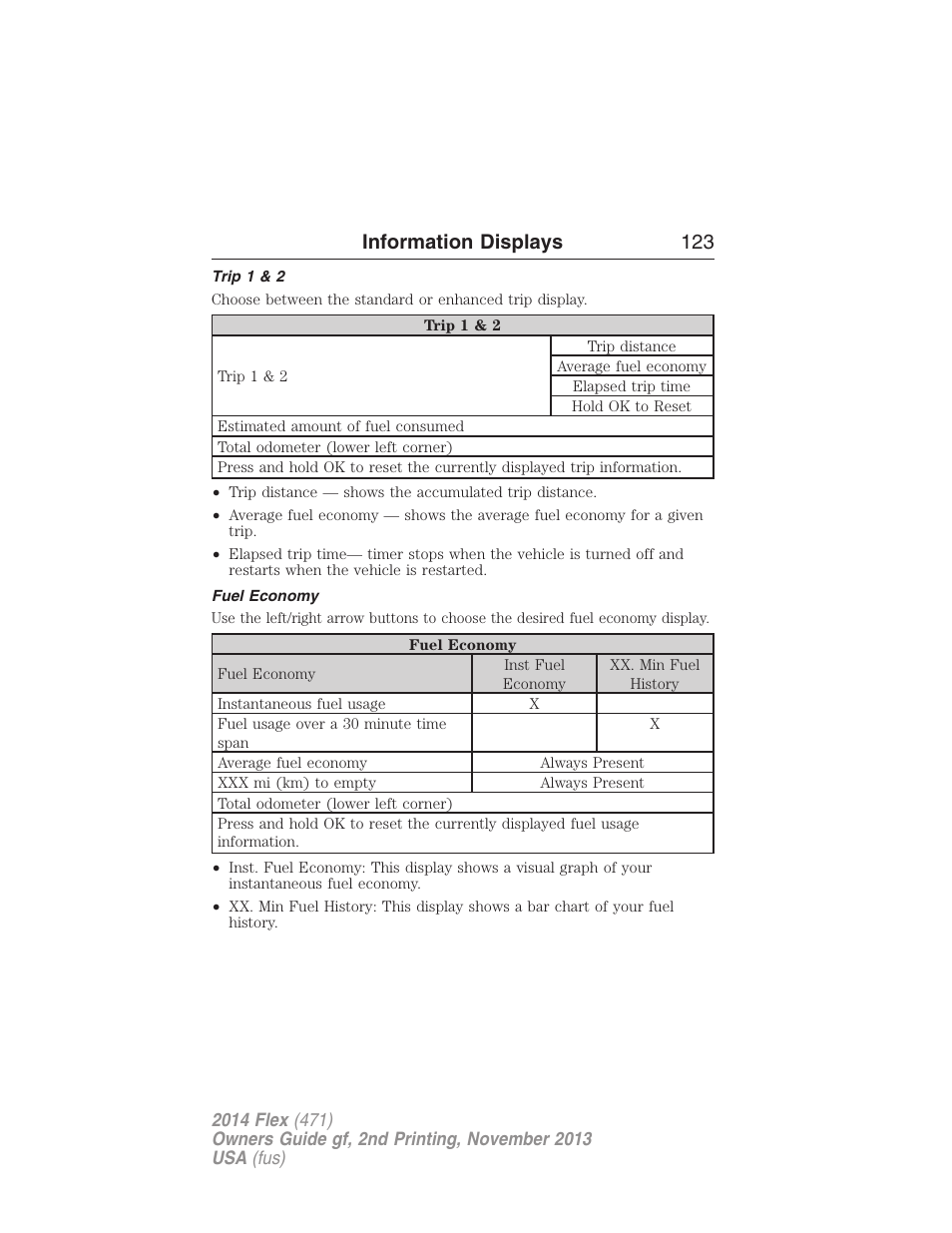 Trip 1 & 2, Fuel economy, Information displays 123 | FORD 2014 Flex v.2 User Manual | Page 124 / 555