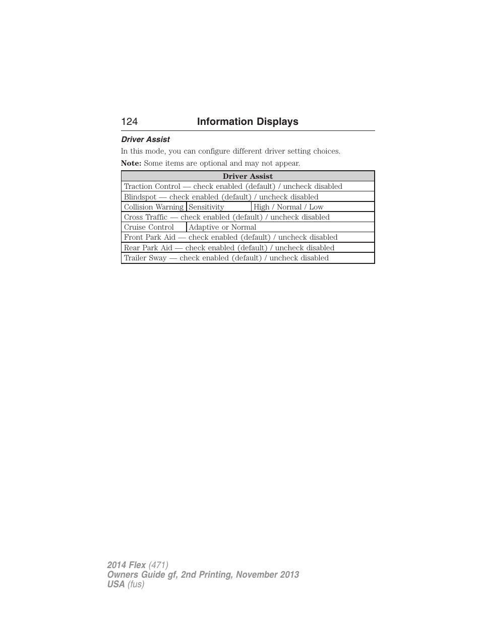 Driver assist, 124 information displays | FORD 2014 Flex v.2 User Manual | Page 125 / 555