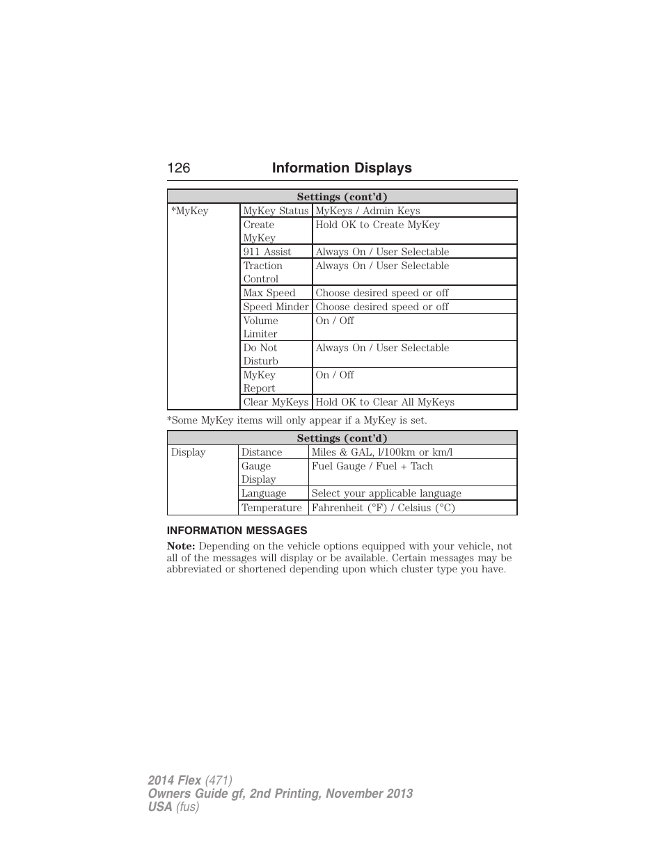 Information messages, 126 information displays | FORD 2014 Flex v.2 User Manual | Page 127 / 555