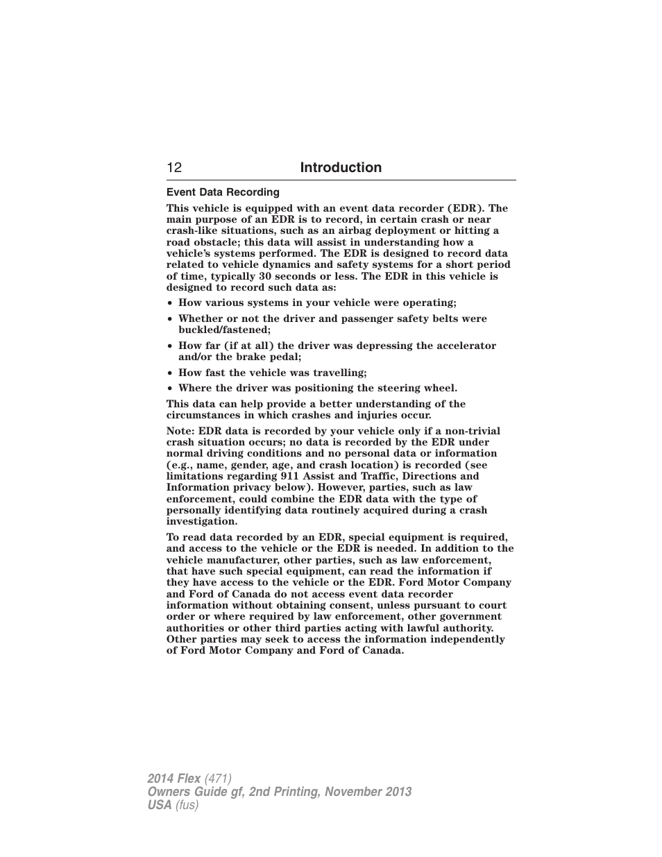 Event data recording, 12 introduction | FORD 2014 Flex v.2 User Manual | Page 13 / 555