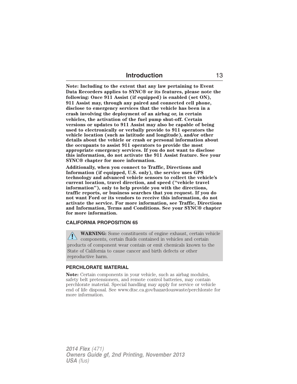 California proposition 65, Perchlorate material, Introduction 13 | FORD 2014 Flex v.2 User Manual | Page 14 / 555
