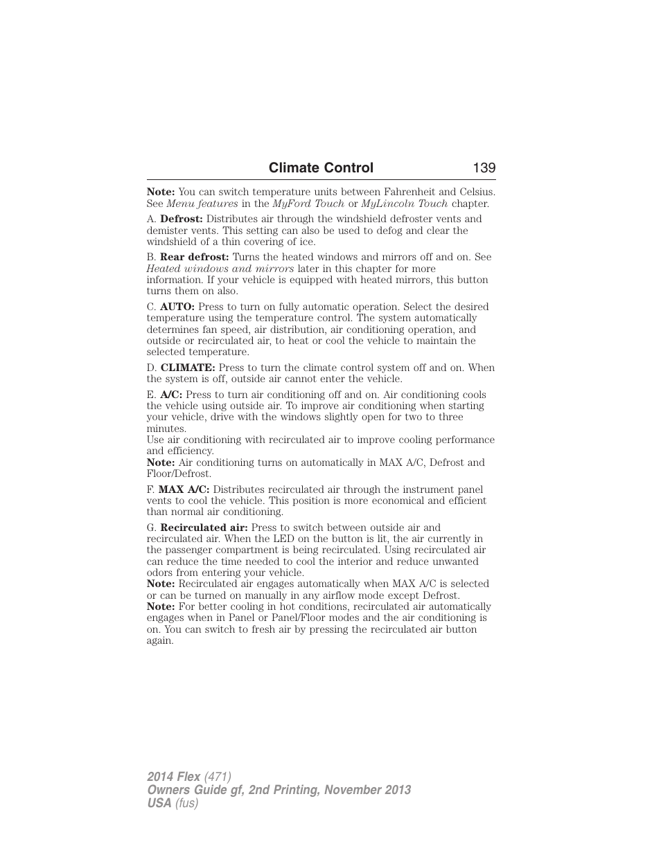 Climate control 139 | FORD 2014 Flex v.2 User Manual | Page 140 / 555