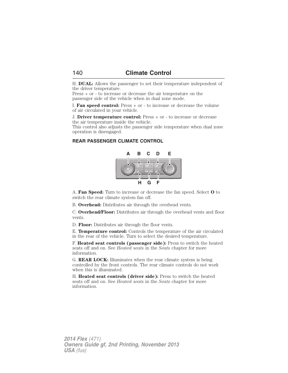 Rear passenger climate control, Auxiliary passenger climate control, 140 climate control | FORD 2014 Flex v.2 User Manual | Page 141 / 555
