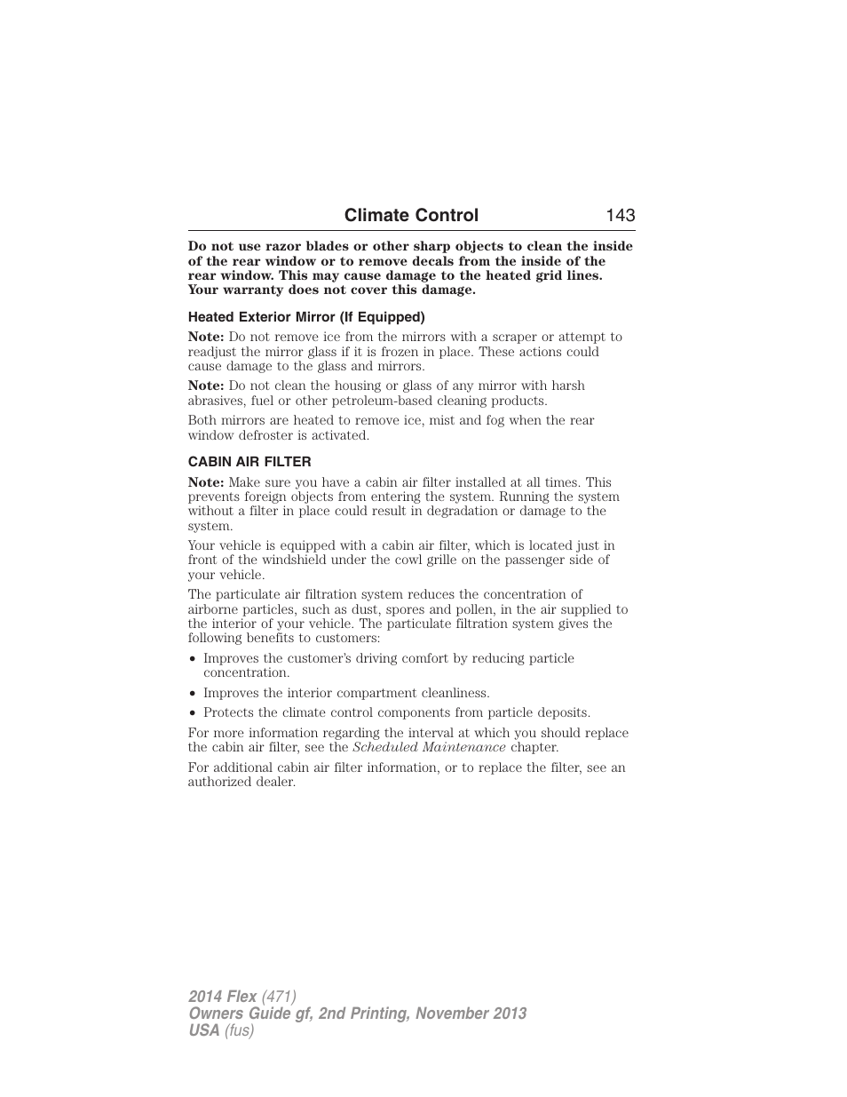 Heated exterior mirror (if equipped), Cabin air filter, Climate control 143 | FORD 2014 Flex v.2 User Manual | Page 144 / 555