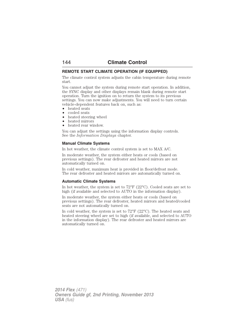 Remote start climate operation (if equipped), Manual climate systems, Automatic climate systems | 144 climate control | FORD 2014 Flex v.2 User Manual | Page 145 / 555