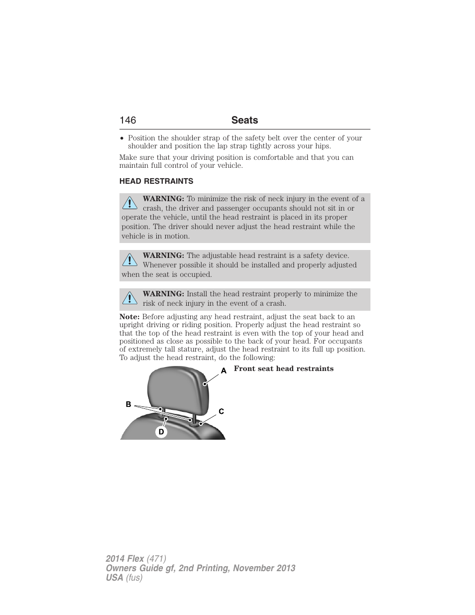 Head restraints, 146 seats | FORD 2014 Flex v.2 User Manual | Page 147 / 555