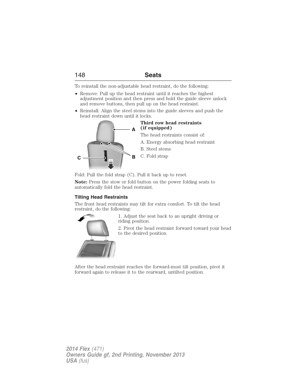Tilting head restraints, 148 seats | FORD 2014 Flex v.2 User Manual | Page 149 / 555