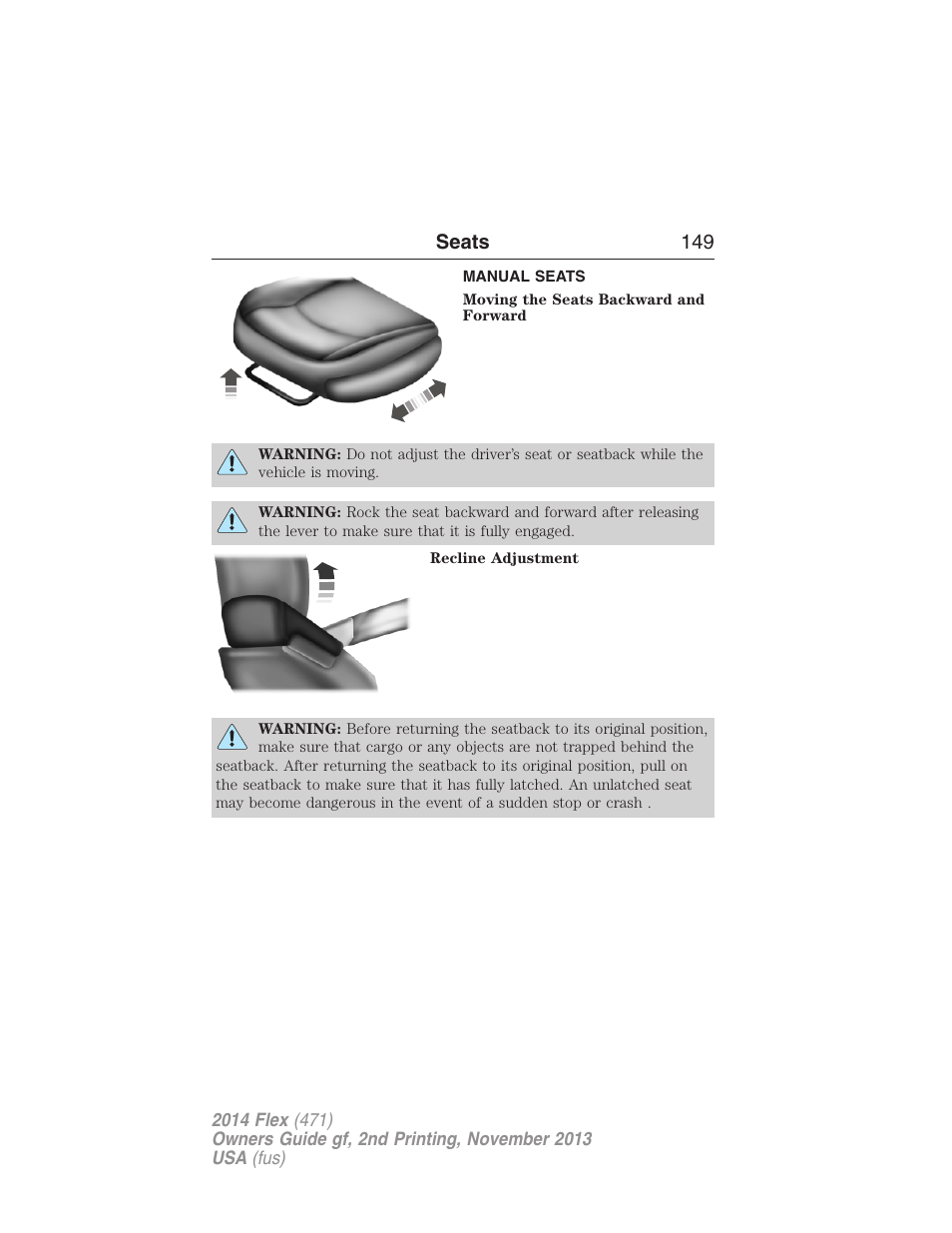 Manual seats, Seats 149 | FORD 2014 Flex v.2 User Manual | Page 150 / 555