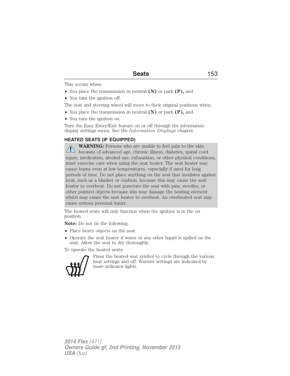 Heated seats (if equipped), Heated seats, Seats 153 | FORD 2014 Flex v.2 User Manual | Page 154 / 555