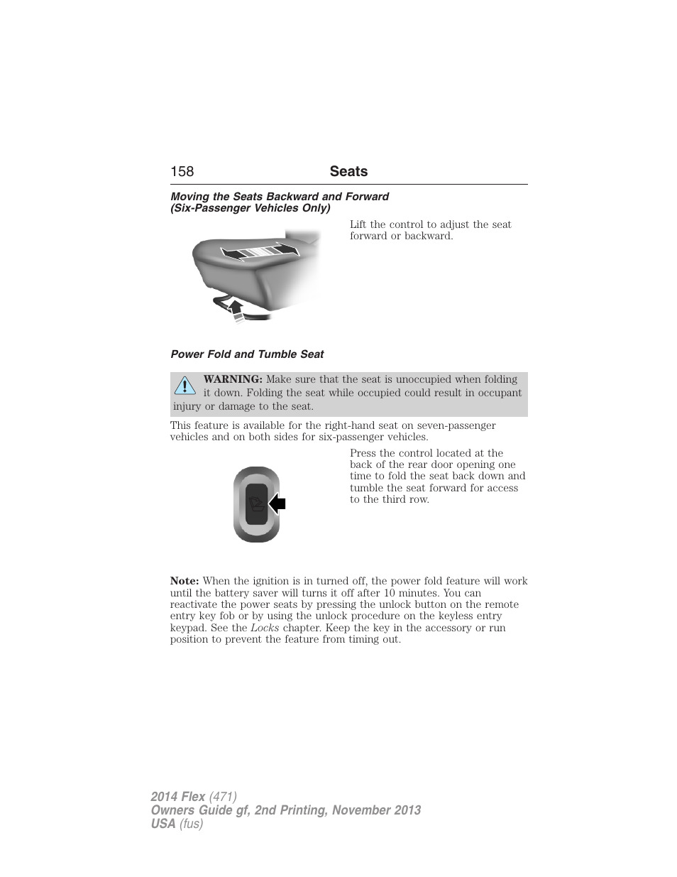 Power fold and tumble seat, 158 seats | FORD 2014 Flex v.2 User Manual | Page 159 / 555