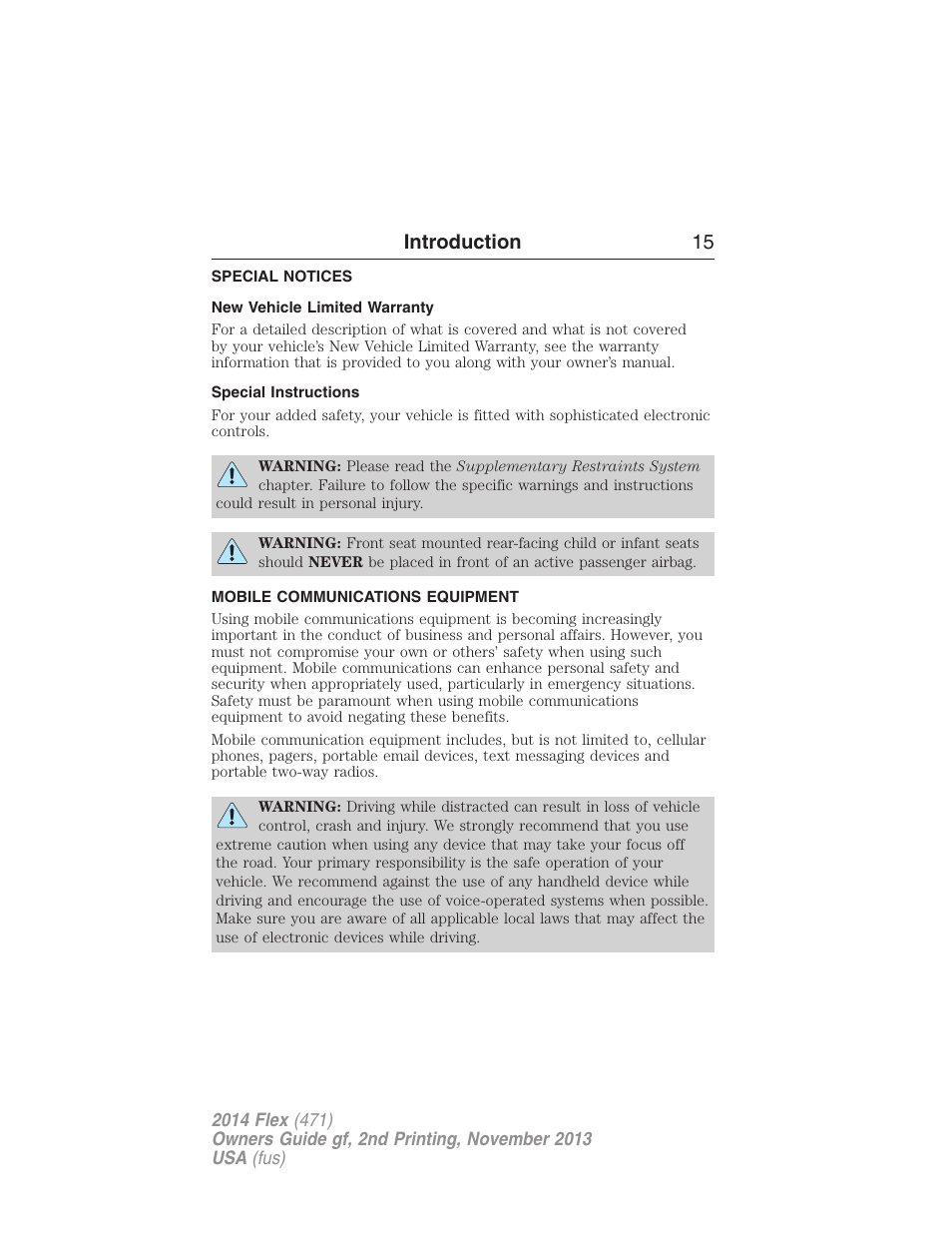 Special notices, New vehicle limited warranty, Special instructions | Mobile communications equipment, Introduction 15 | FORD 2014 Flex v.2 User Manual | Page 16 / 555