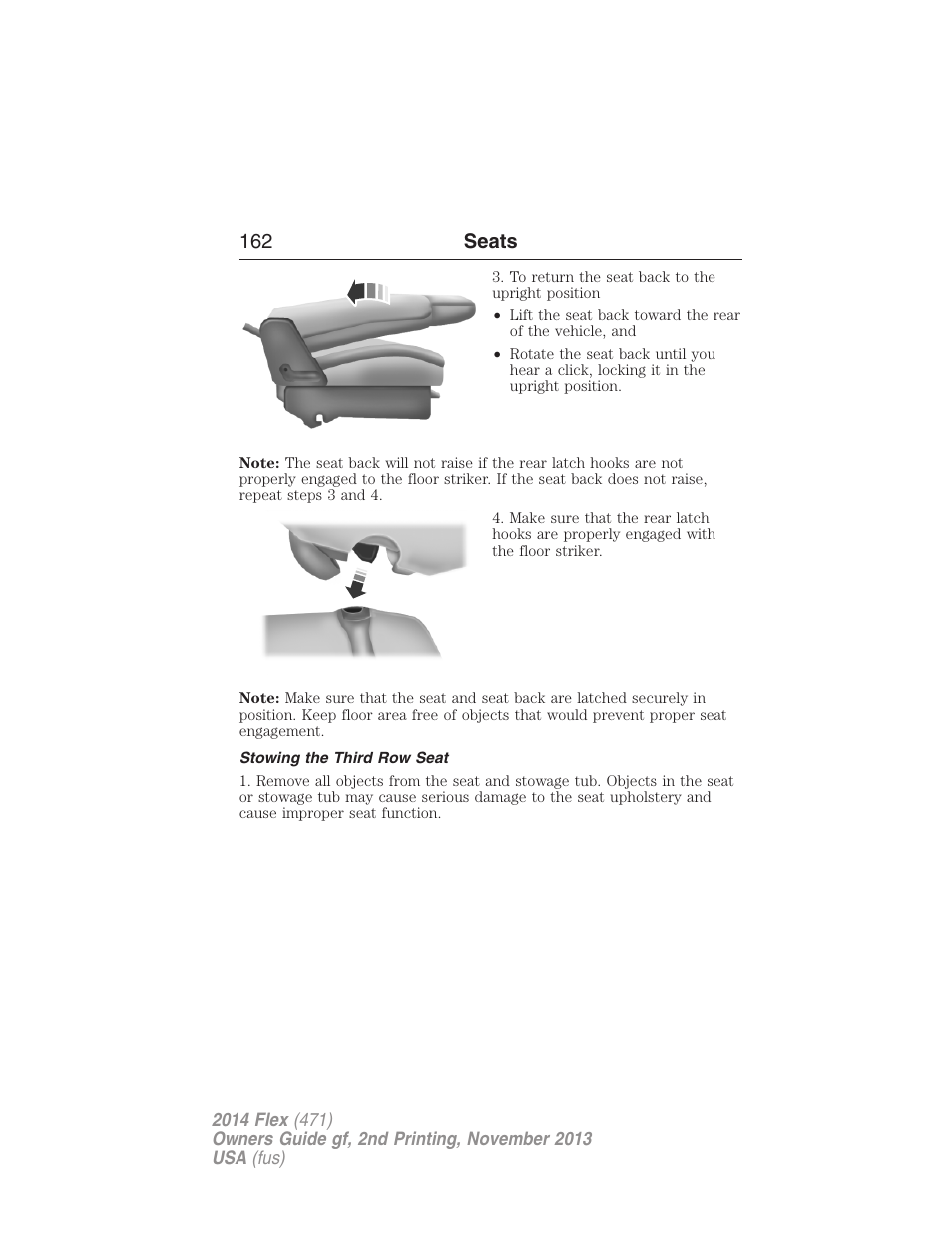 Stowing the third row seat, 162 seats | FORD 2014 Flex v.2 User Manual | Page 163 / 555