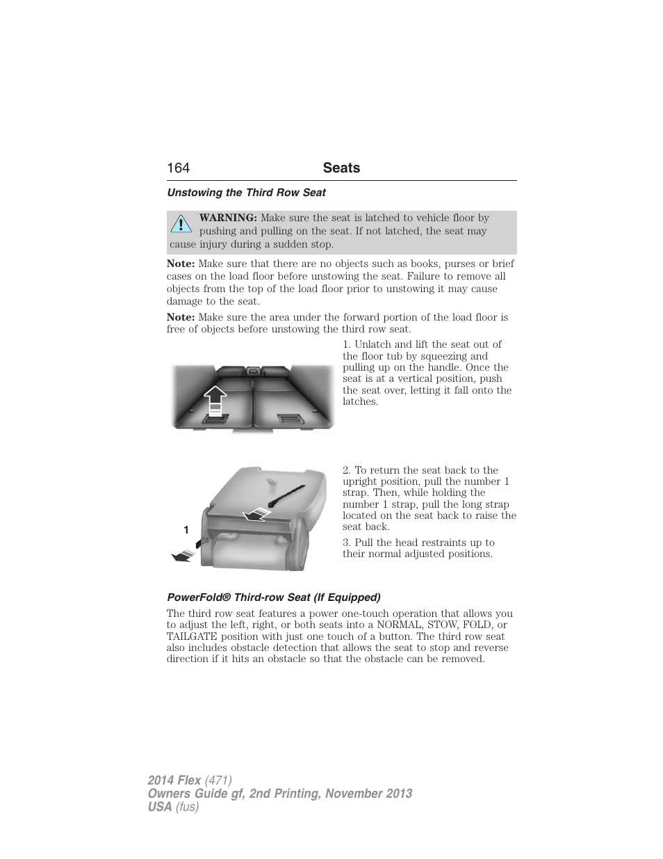 Unstowing the third row seat, Powerfold® third-row seat (if equipped), 164 seats | FORD 2014 Flex v.2 User Manual | Page 165 / 555