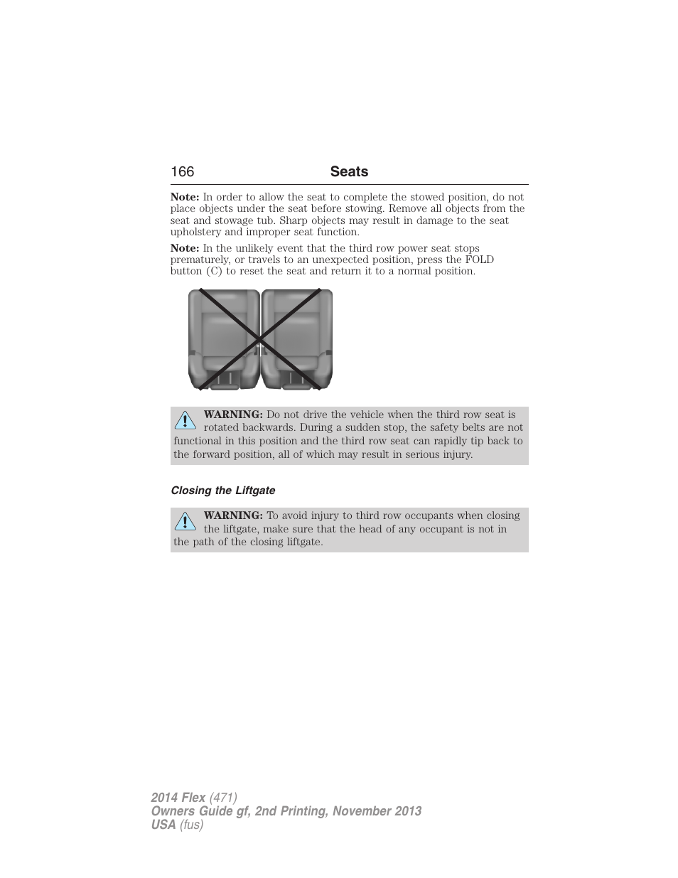 Closing the liftgate, 166 seats | FORD 2014 Flex v.2 User Manual | Page 167 / 555