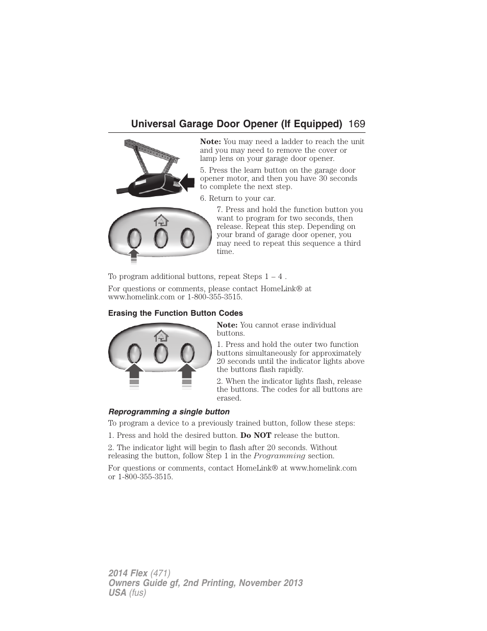 Erasing the function button codes, Reprogramming a single button, Universal garage door opener (if equipped) 169 | FORD 2014 Flex v.2 User Manual | Page 170 / 555