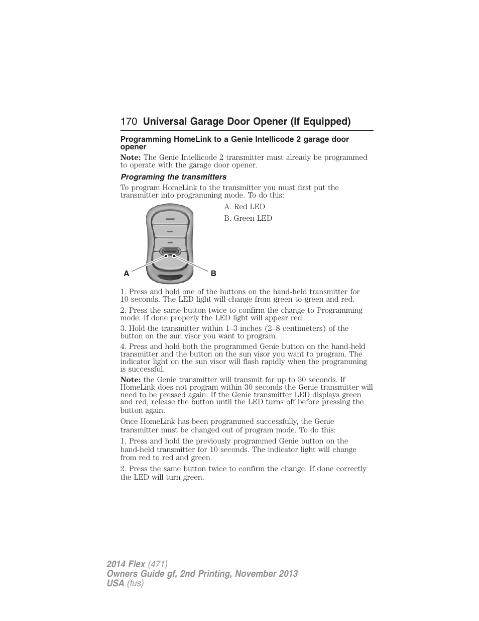 Programing the transmitters, 170 universal garage door opener (if equipped) | FORD 2014 Flex v.2 User Manual | Page 171 / 555
