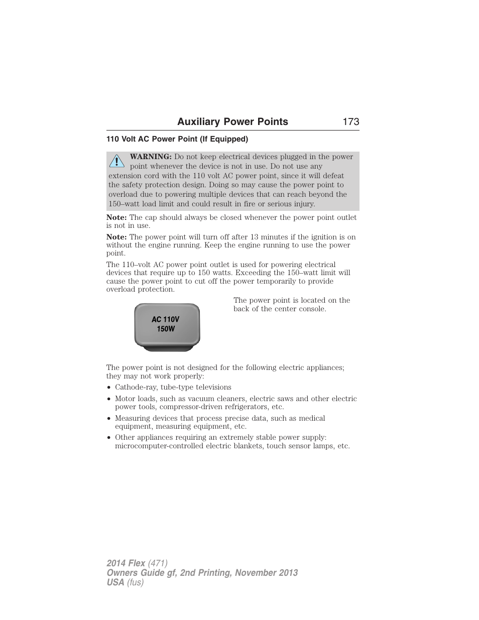 110 volt ac power point (if equipped), Auxiliary power points 173 | FORD 2014 Flex v.2 User Manual | Page 174 / 555