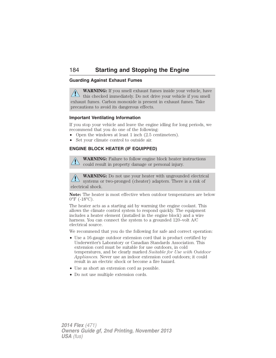 Guarding against exhaust fumes, Important ventilating information, Engine block heater (if equipped) | Engine block heater, 184 starting and stopping the engine | FORD 2014 Flex v.2 User Manual | Page 185 / 555