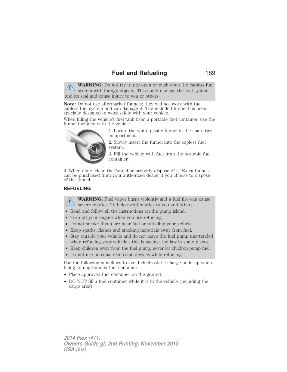 Refueling, Fuel and refueling 189 | FORD 2014 Flex v.2 User Manual | Page 190 / 555