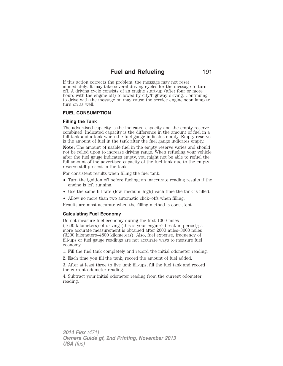 Fuel consumption, Filling the tank, Calculating fuel economy | Fuel and refueling 191 | FORD 2014 Flex v.2 User Manual | Page 192 / 555