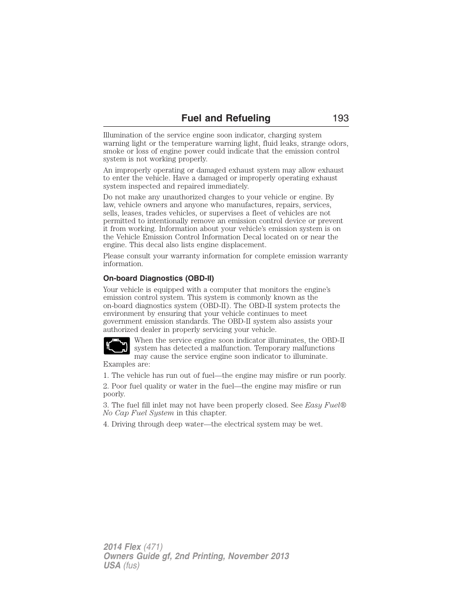 On-board diagnostics (obd-ii), Fuel and refueling 193 | FORD 2014 Flex v.2 User Manual | Page 194 / 555