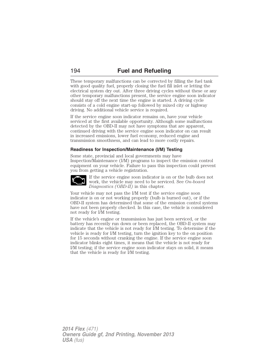 Readiness for inspection/maintenance (i/m) testing, 194 fuel and refueling | FORD 2014 Flex v.2 User Manual | Page 195 / 555