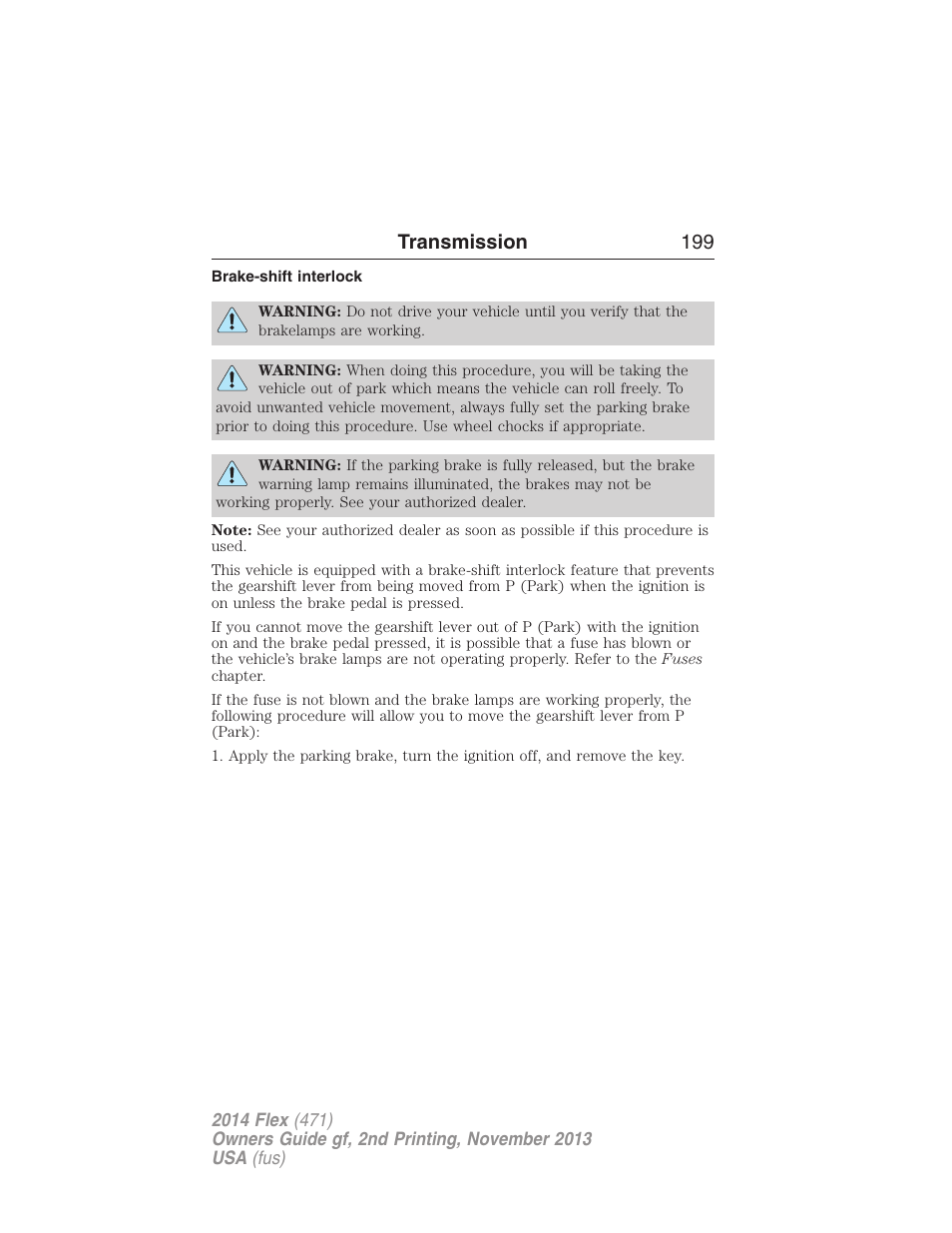 Brake-shift interlock, Transmission 199 | FORD 2014 Flex v.2 User Manual | Page 200 / 555
