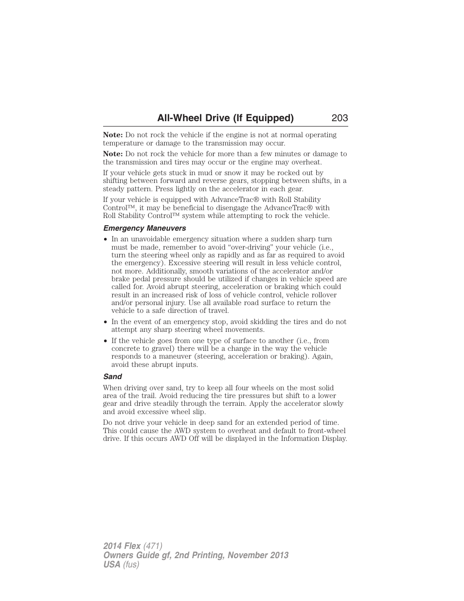Emergency maneuvers, Sand, All-wheel drive (if equipped) 203 | FORD 2014 Flex v.2 User Manual | Page 204 / 555