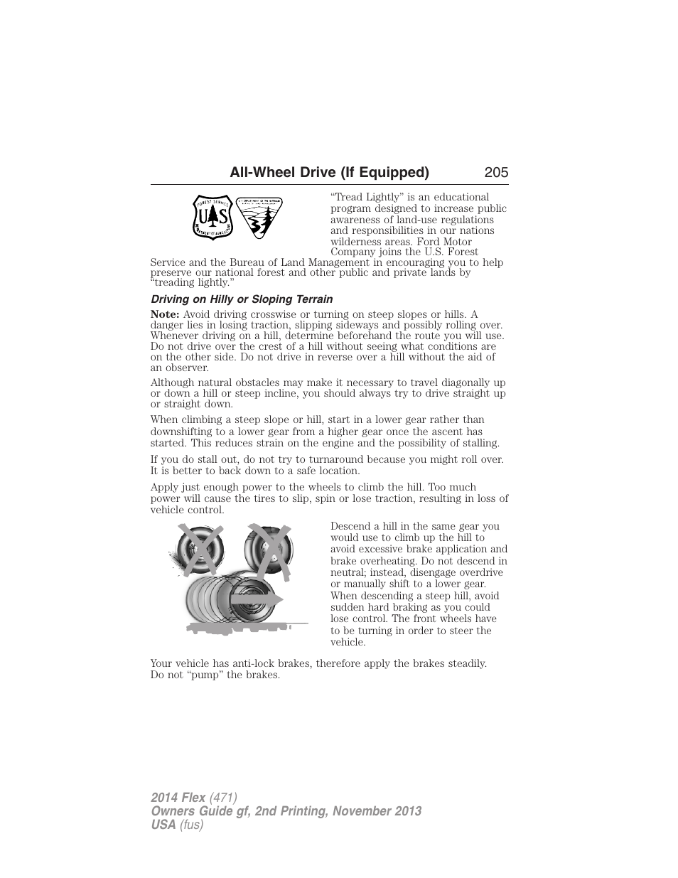 Driving on hilly or sloping terrain, All-wheel drive (if equipped) 205 | FORD 2014 Flex v.2 User Manual | Page 206 / 555