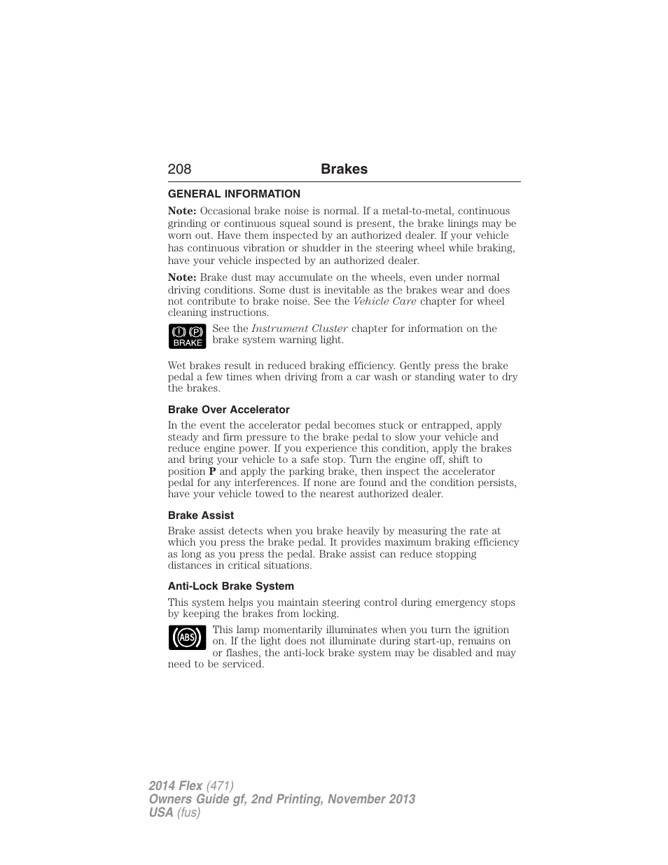 Brakes, General information, Brake over accelerator | Brake assist, Anti-lock brake system, 208 brakes | FORD 2014 Flex v.2 User Manual | Page 209 / 555