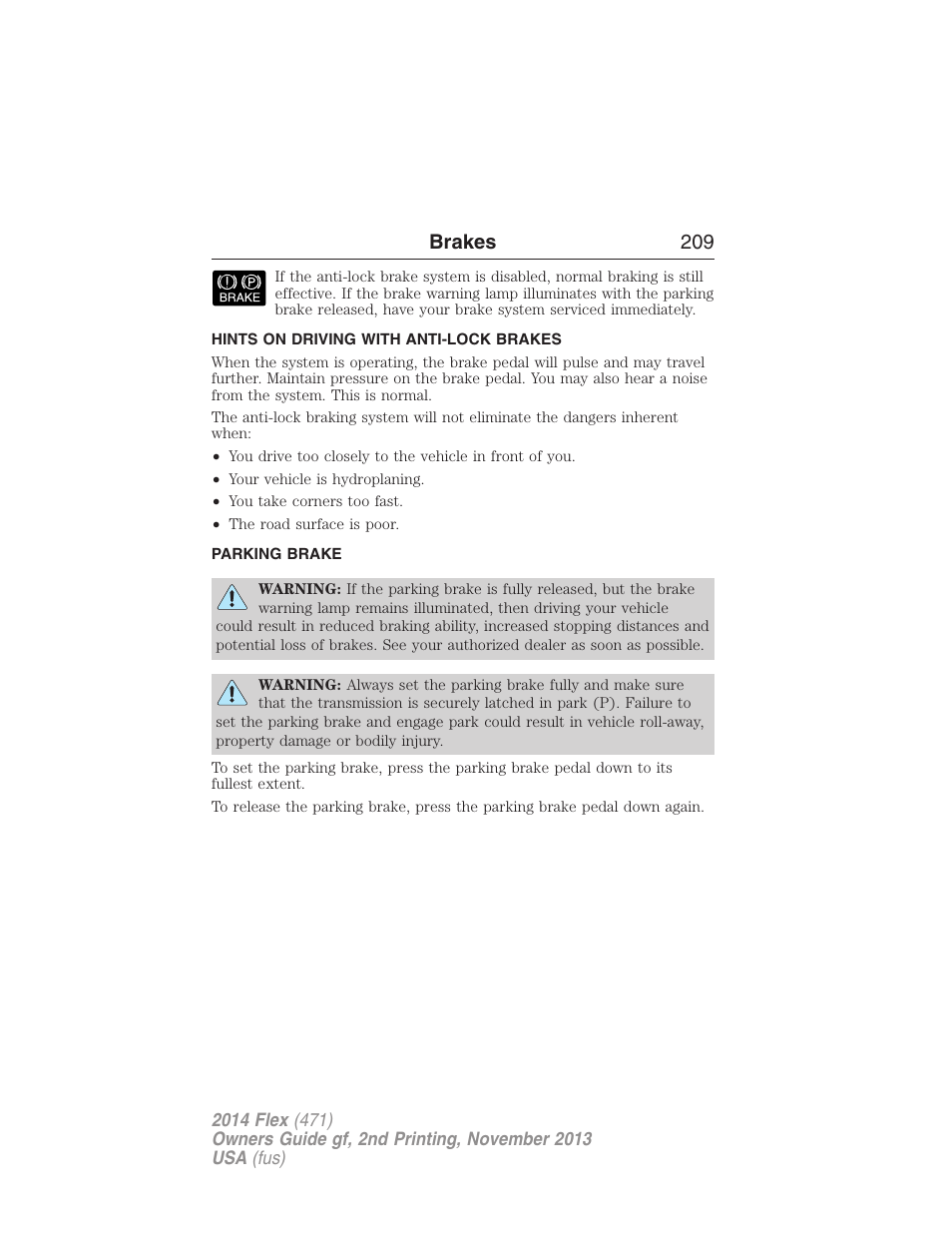 Hints on driving with anti-lock brakes, Parking brake, Brakes 209 | FORD 2014 Flex v.2 User Manual | Page 210 / 555