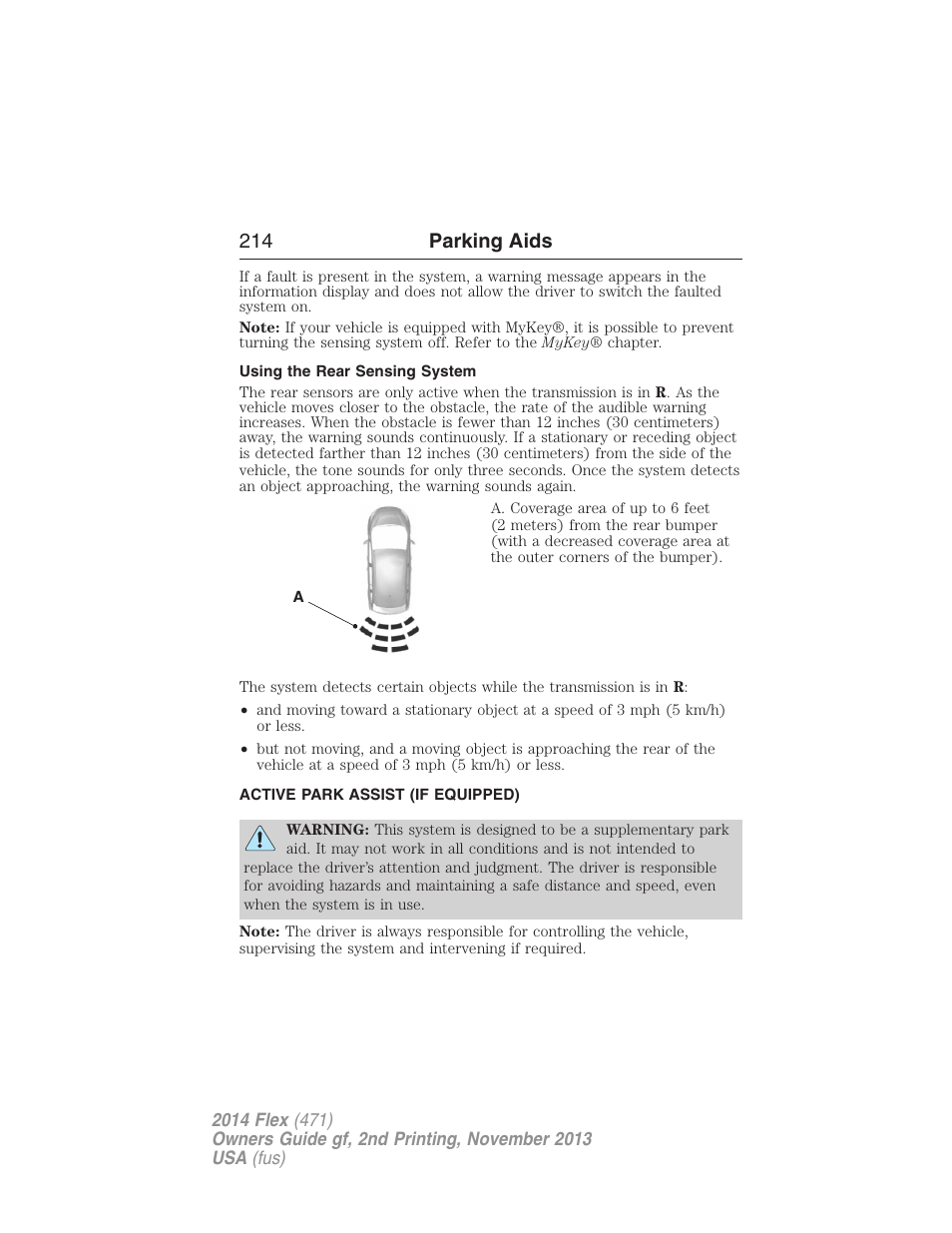 Using the rear sensing system, Active park assist (if equipped), Active park assist | 214 parking aids | FORD 2014 Flex v.2 User Manual | Page 215 / 555