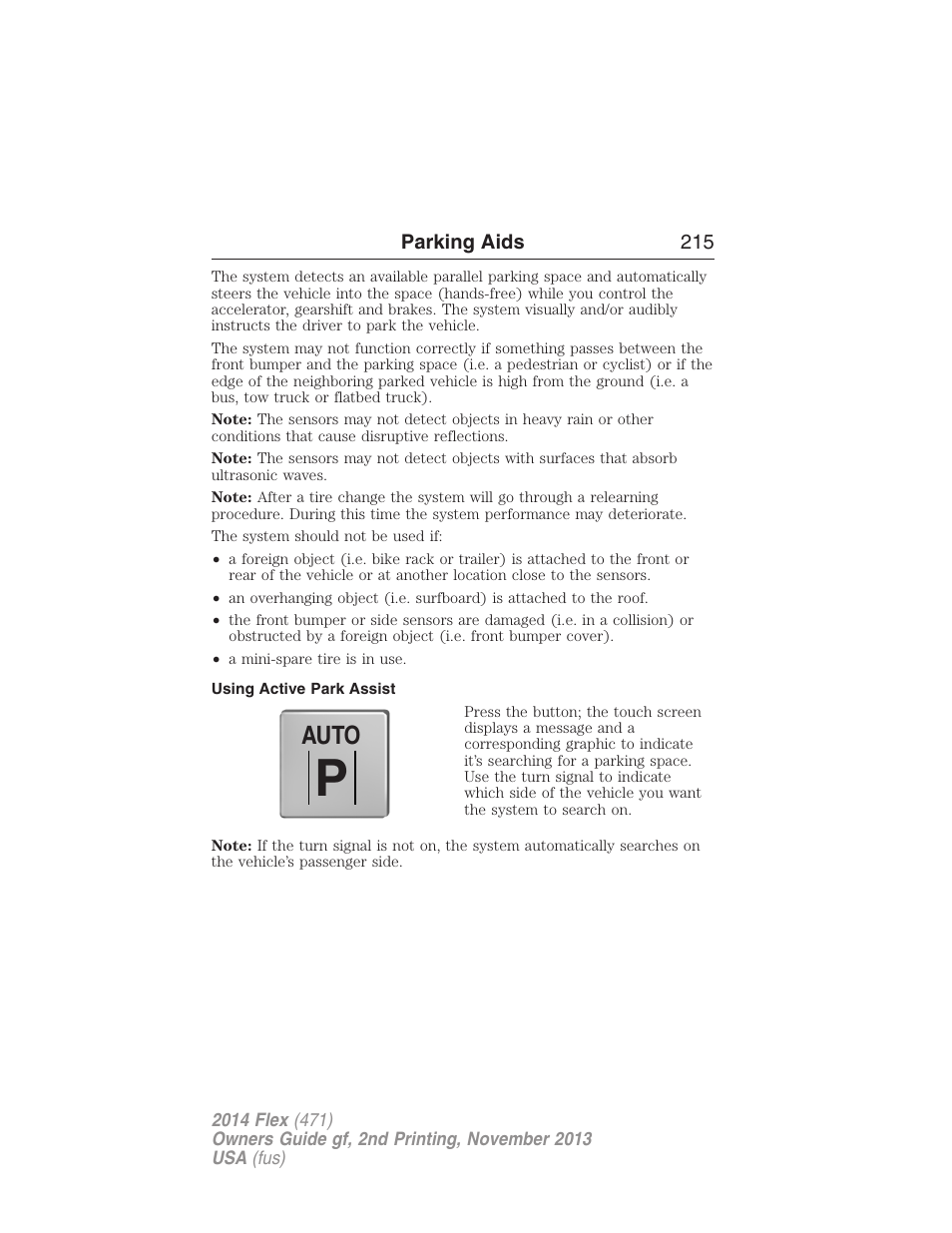 Using active park assist, Auto | FORD 2014 Flex v.2 User Manual | Page 216 / 555