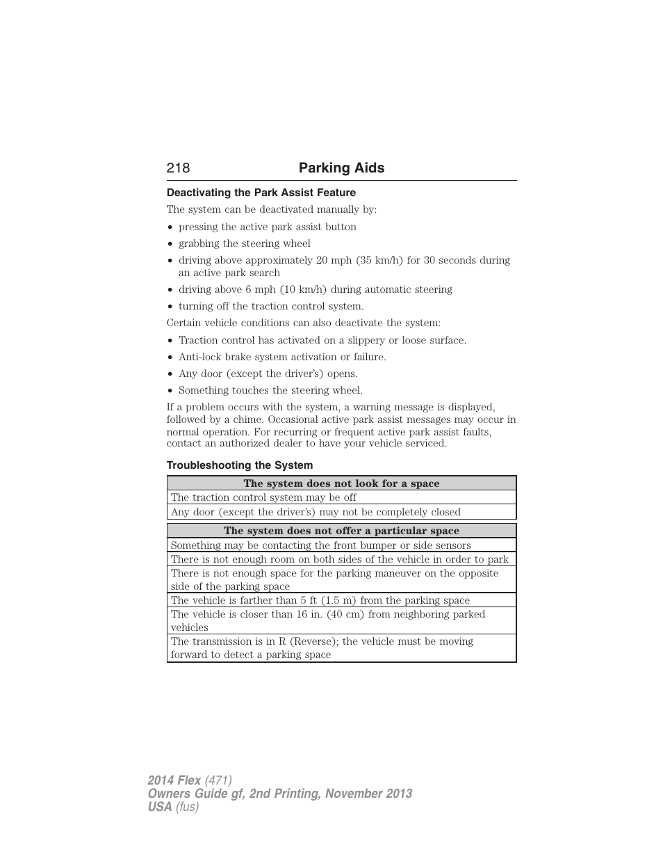 Deactivating the park assist feature, Troubleshooting the system, 218 parking aids | FORD 2014 Flex v.2 User Manual | Page 219 / 555