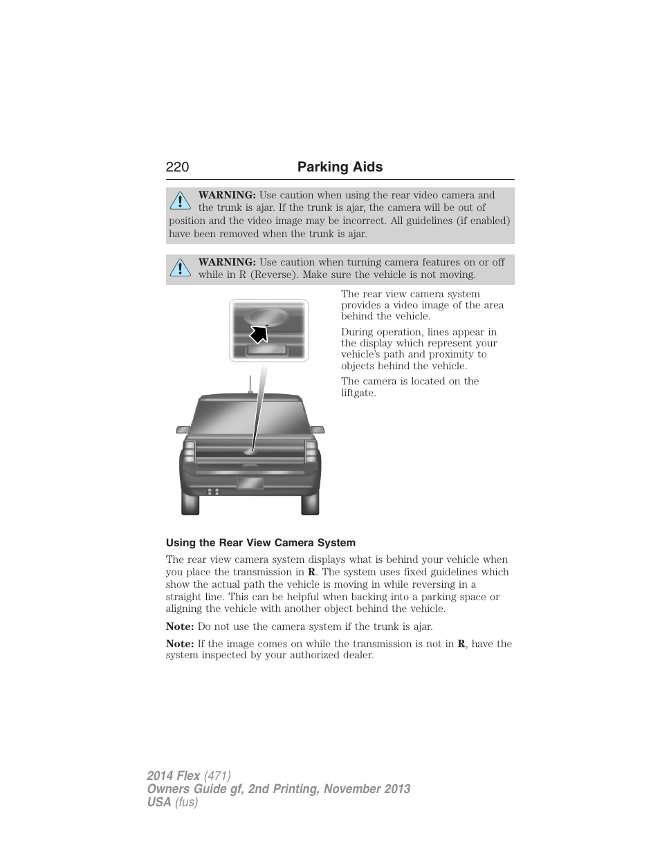 Using the rear view camera system, 220 parking aids | FORD 2014 Flex v.2 User Manual | Page 221 / 555