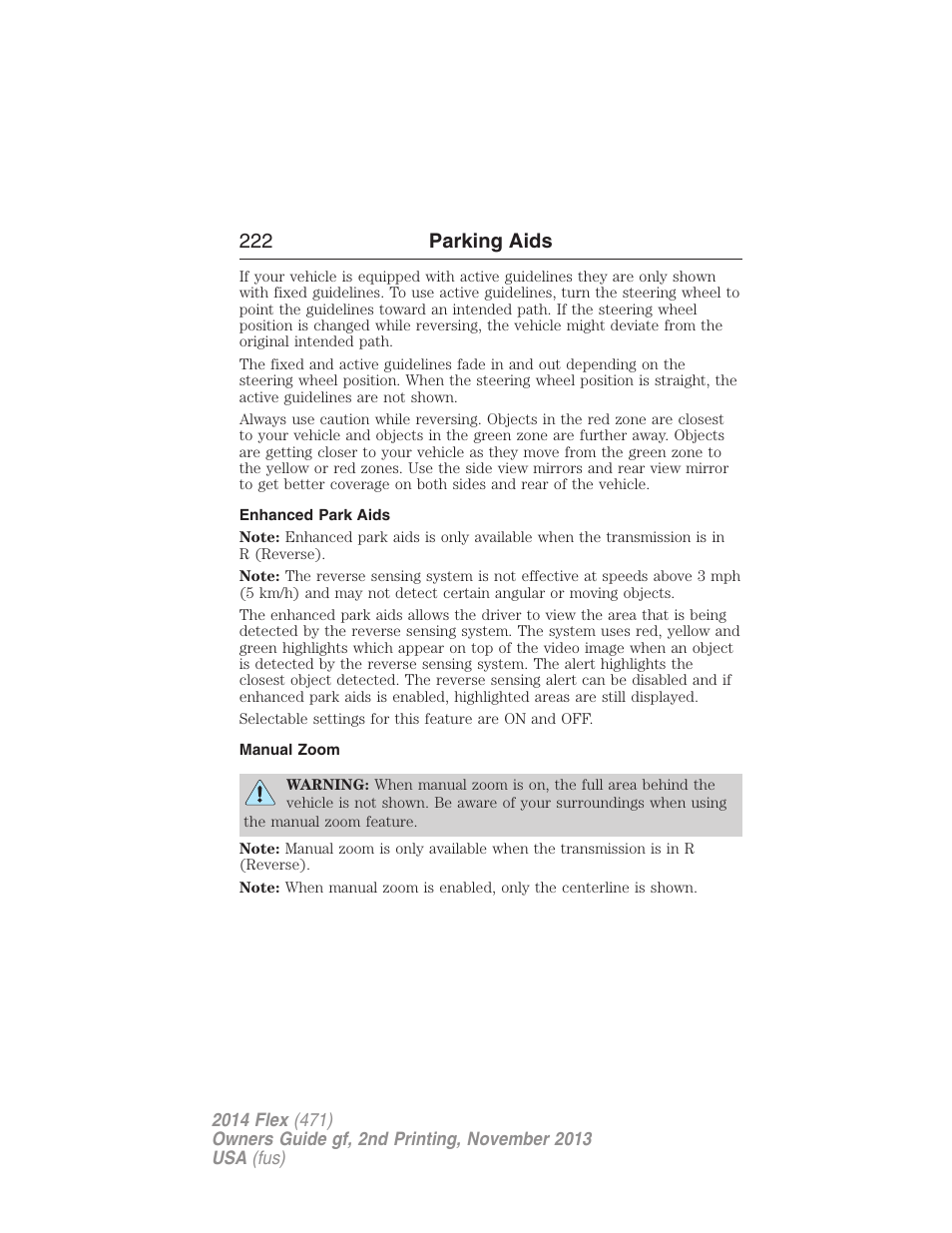 Enhanced park aids, Manual zoom, 222 parking aids | FORD 2014 Flex v.2 User Manual | Page 223 / 555