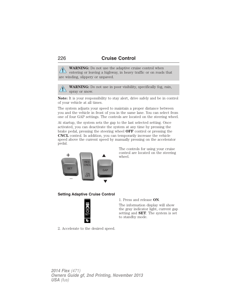 Setting adaptive cruise control, 226 cruise control | FORD 2014 Flex v.2 User Manual | Page 227 / 555