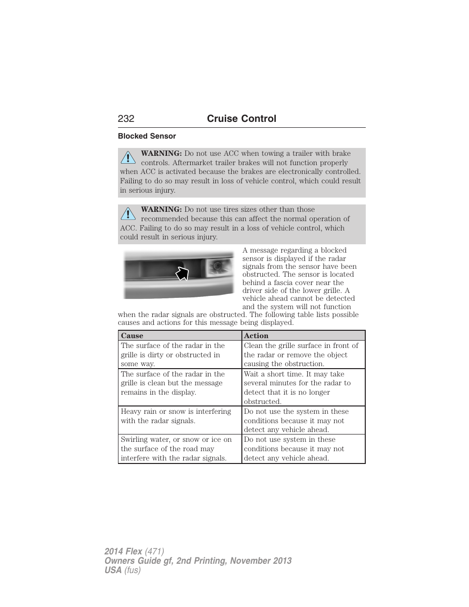 Blocked sensor, 232 cruise control | FORD 2014 Flex v.2 User Manual | Page 233 / 555