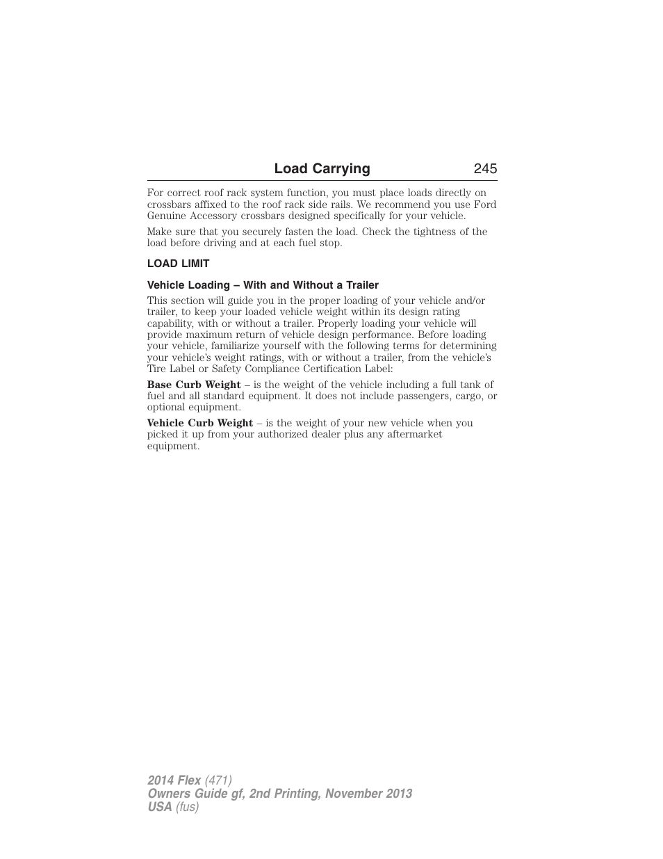 Load limit, Vehicle loading – with and without a trailer, Vehicle loading | Load carrying 245 | FORD 2014 Flex v.2 User Manual | Page 246 / 555