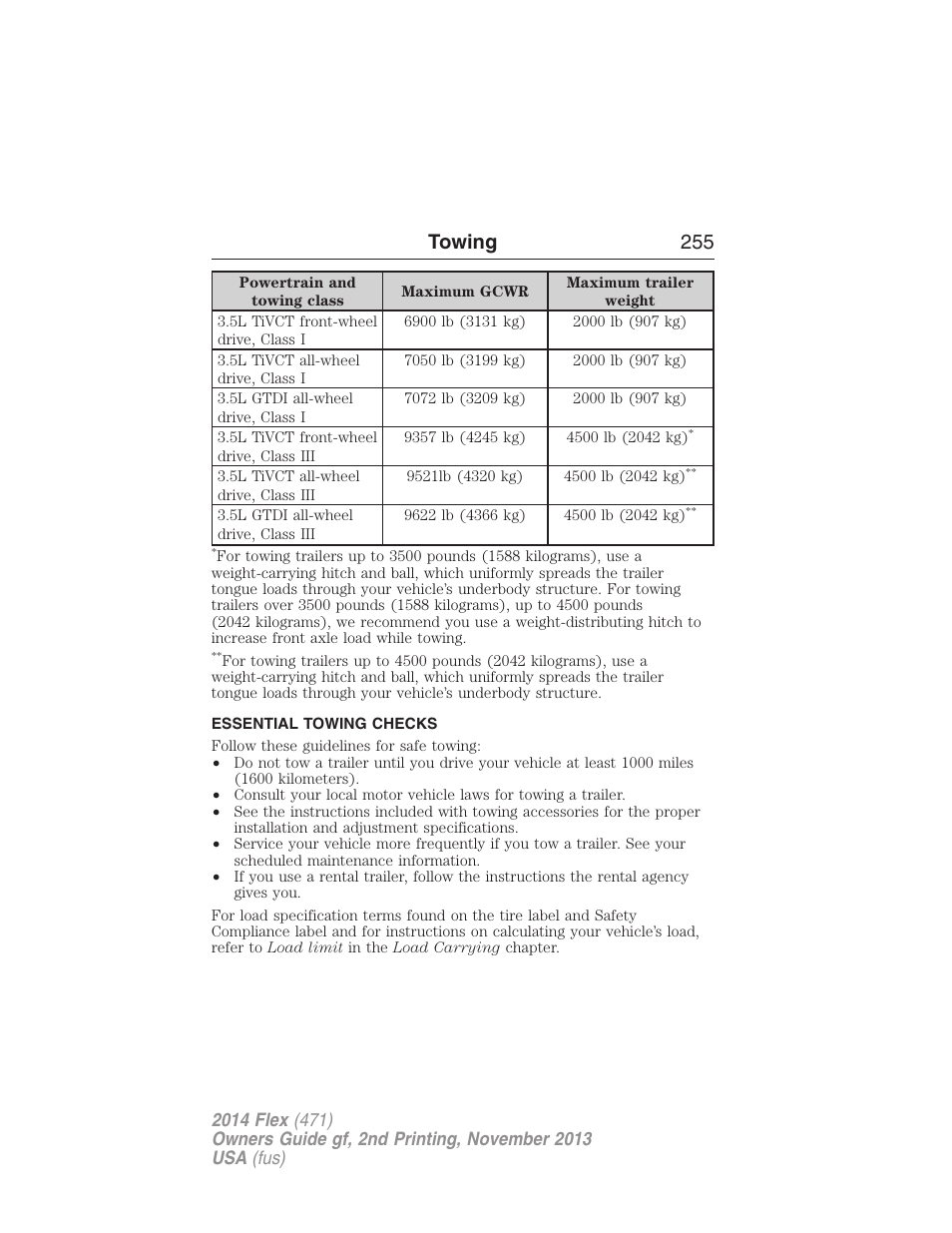 Essential towing checks, Towing 255 | FORD 2014 Flex v.2 User Manual | Page 256 / 555