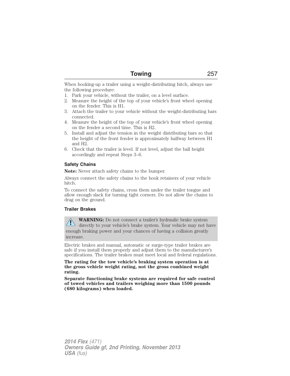 Safety chains, Trailer brakes, Towing 257 | FORD 2014 Flex v.2 User Manual | Page 258 / 555