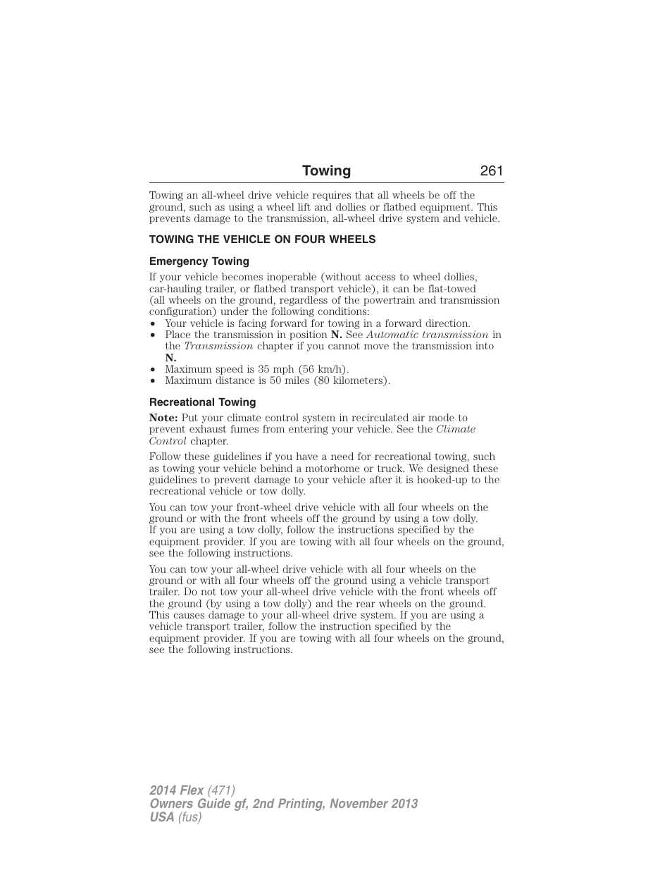 Towing the vehicle on four wheels, Emergency towing, Recreational towing | Towing 261 | FORD 2014 Flex v.2 User Manual | Page 262 / 555