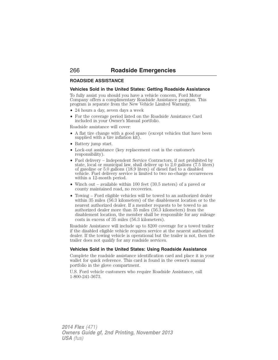 Roadside emergencies, Roadside assistance, Getting roadside assistance | 266 roadside emergencies | FORD 2014 Flex v.2 User Manual | Page 267 / 555