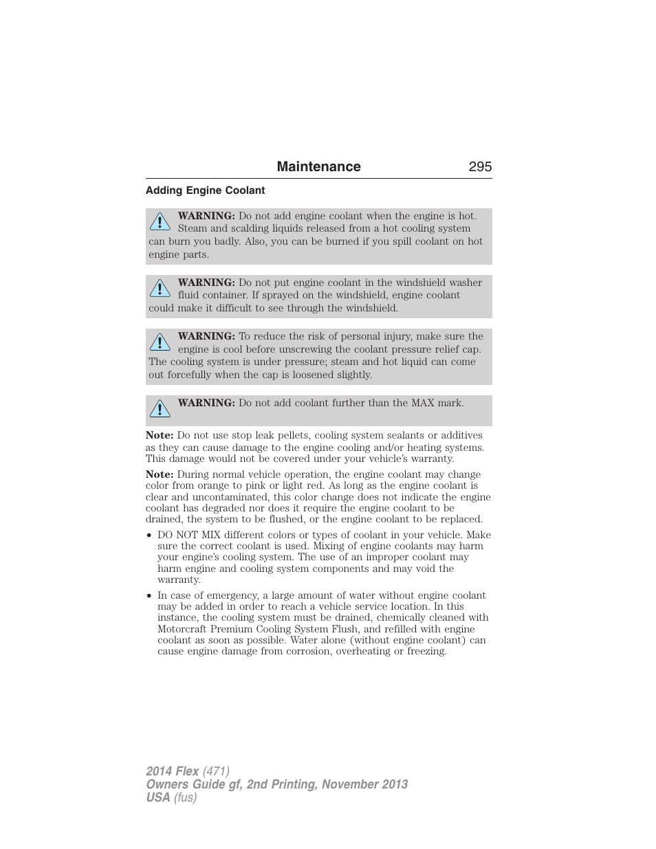 Adding engine coolant, Maintenance 295 | FORD 2014 Flex v.2 User Manual | Page 296 / 555