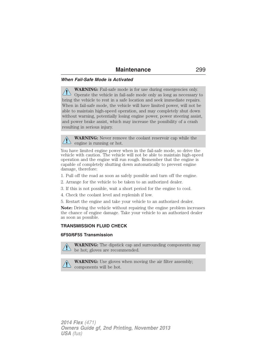 When fail-safe mode is activated, Transmission fluid check, 6f50/6f55 transmission | Automatic transmission fluid check, Maintenance 299 | FORD 2014 Flex v.2 User Manual | Page 300 / 555