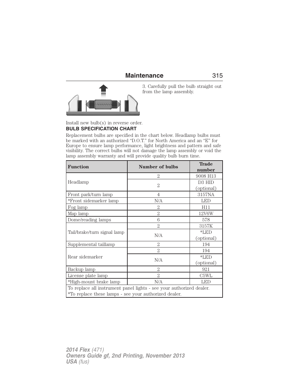 Bulb specification chart, Maintenance 315 | FORD 2014 Flex v.2 User Manual | Page 316 / 555