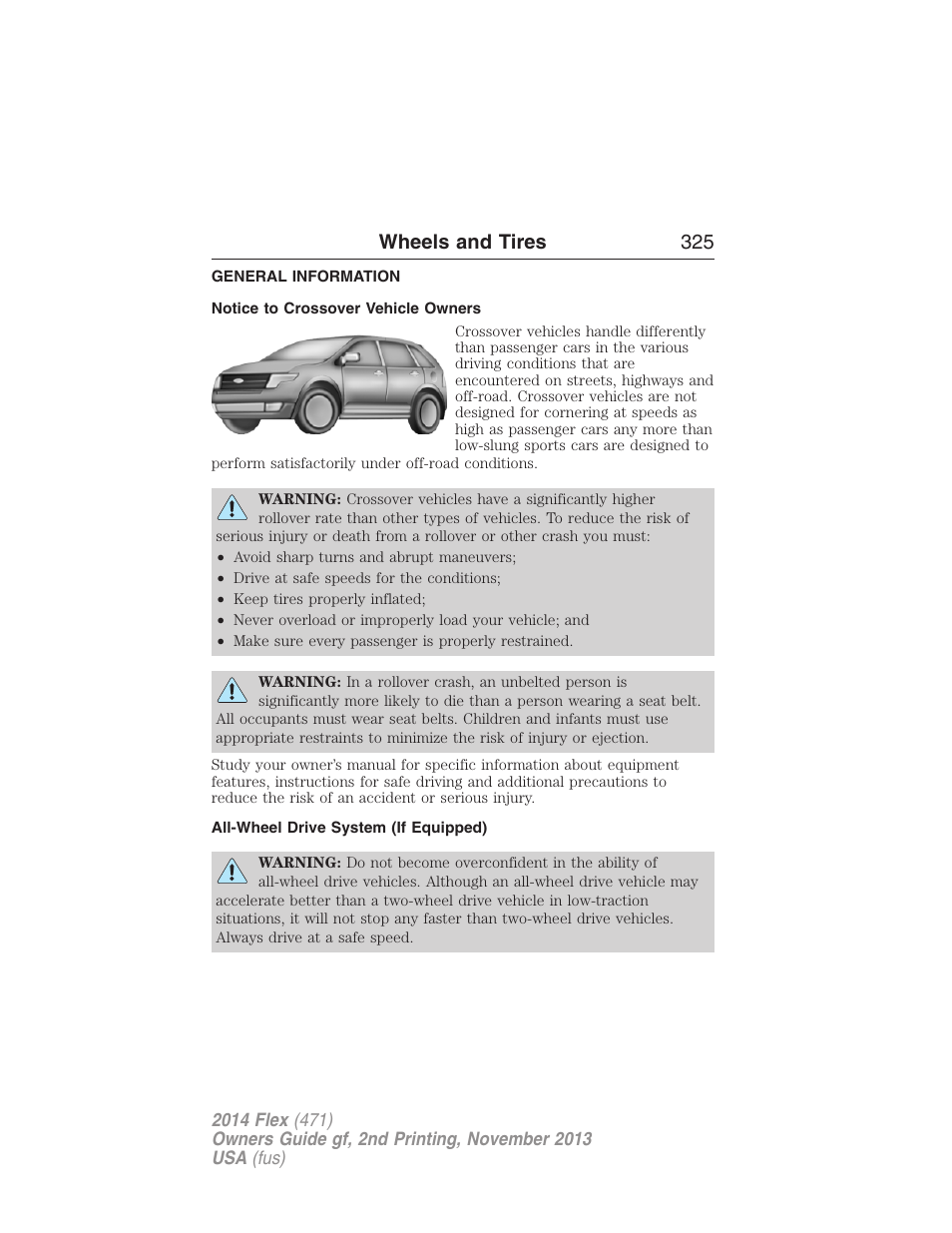 Wheels and tires, General information, Notice to crossover vehicle owners | All-wheel drive system (if equipped), Wheels and tires 325 | FORD 2014 Flex v.2 User Manual | Page 326 / 555