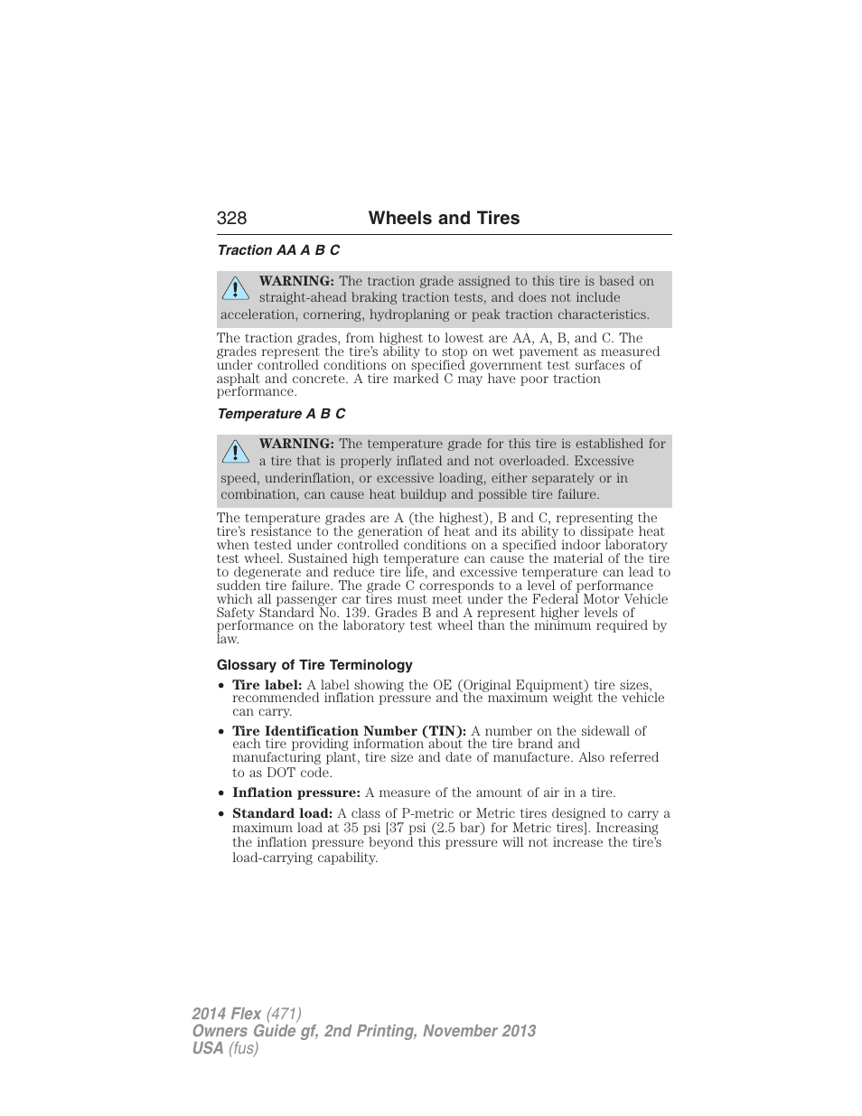 Traction aa a b c, Temperature a b c, Glossary of tire terminology | 328 wheels and tires | FORD 2014 Flex v.2 User Manual | Page 329 / 555