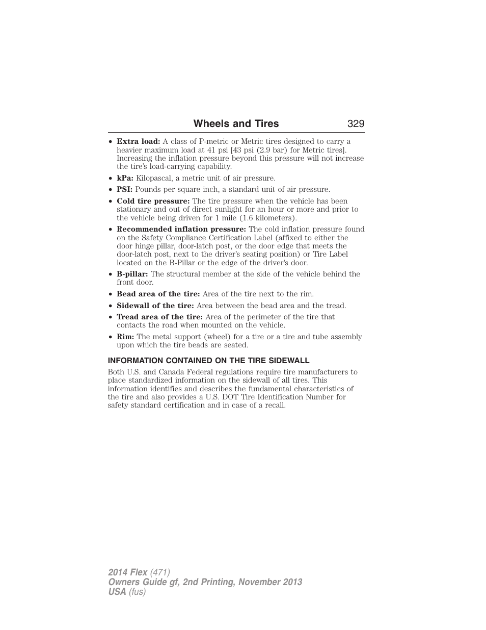 Information contained on the tire sidewall, Wheels and tires 329 | FORD 2014 Flex v.2 User Manual | Page 330 / 555